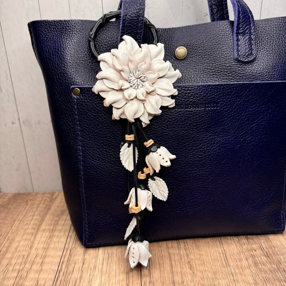 White Leather Flower Purse Charm Genuine Leather White Dahlia Bag Charm